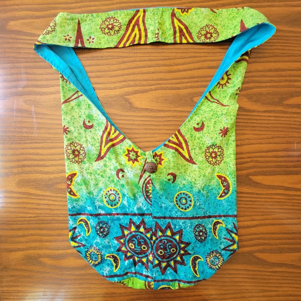 FLYING HIGH Sun, Moon, Stars Boho Crossbody Blue Green Cotton Bag
